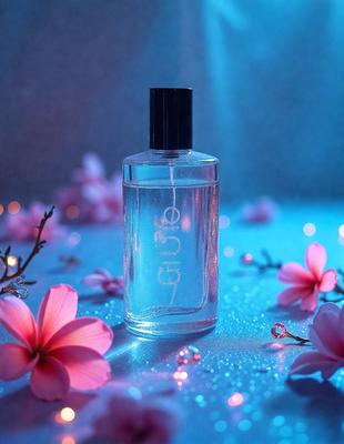 The primary subject of the image is a bottle of perfume, which is placed on a table with a blue background. The setting appears to be a flower-covered table, adding a touch of elegance to the scene. The visual style of the image is a photo, capturing the details of the bottle and the surrounding flowers. The colors in the image are predominantly blue, creating a calm and serene atmosphere.